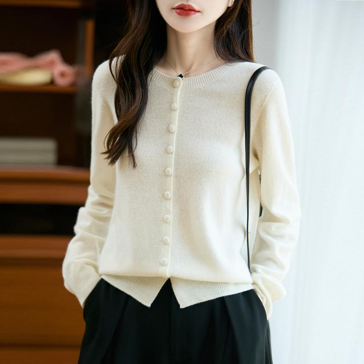 秋冬季100%纯羊毛开衫女气质纯色圆领外套宽松时尚包扣上衣ZM1097