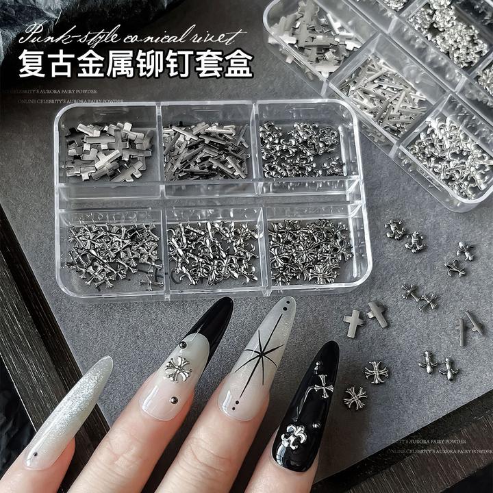 复古铆钉套盒朋克风金属枪黑色十字架指甲吊环diy穿戴甲配饰