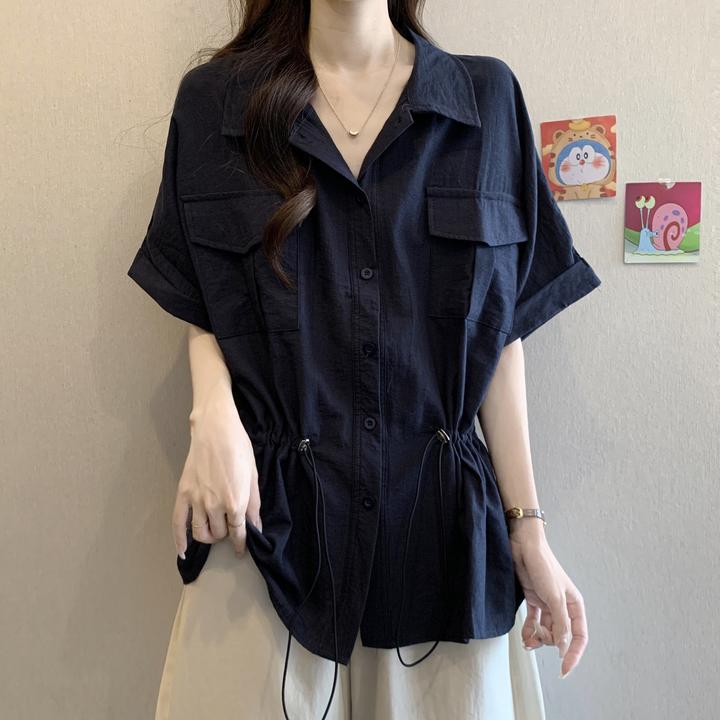 大码女装遮肚子POLO领小众衬衫女夏季胖妹妹显瘦抽绳收腰休闲上衣