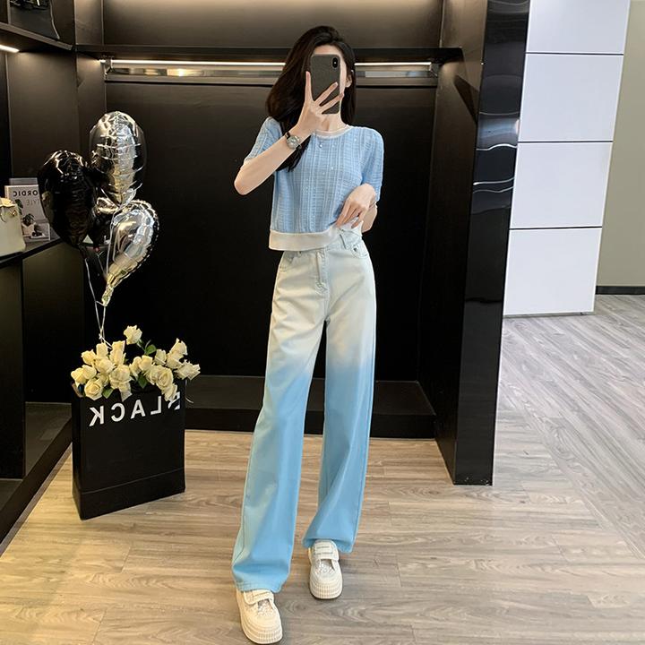 时尚减龄2025年夏季薄款针织衫上衣女渐变复古宽松高腰直筒牛仔裤