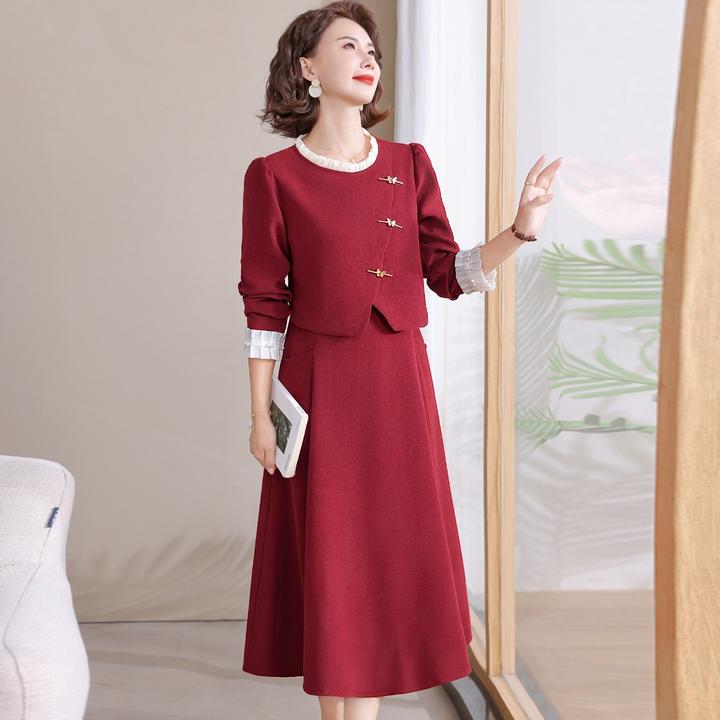 十一喜婆婆婚宴礼服妈妈秋装连衣裙中老年女春秋红色裙子结婚衣服