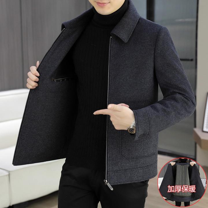 CQV男士羊毛呢夹克秋冬季短款轻熟风翻领双面尼外套高端呢子大衣