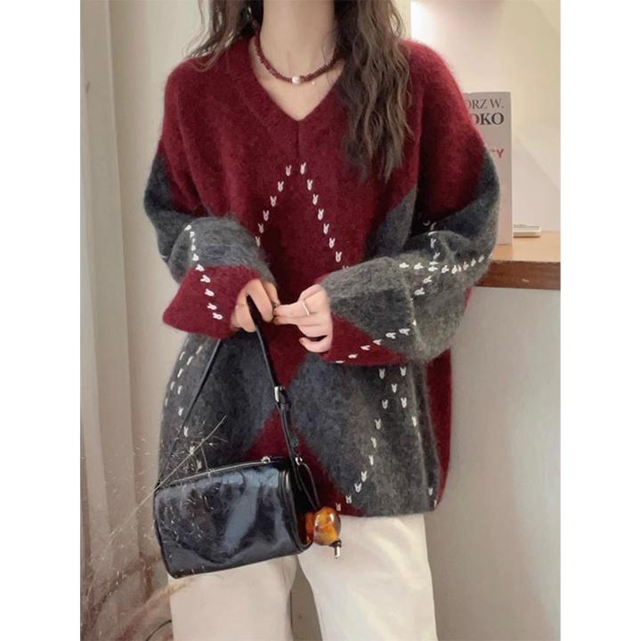 欧洲站撞色菱形格浣熊绒针织衫女2025秋装新款宽松百搭加厚毛衣潮