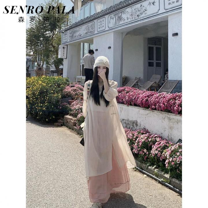 休闲温柔风宽松长袖连衣裙内搭半身裙春夏新款时尚两件套女潮