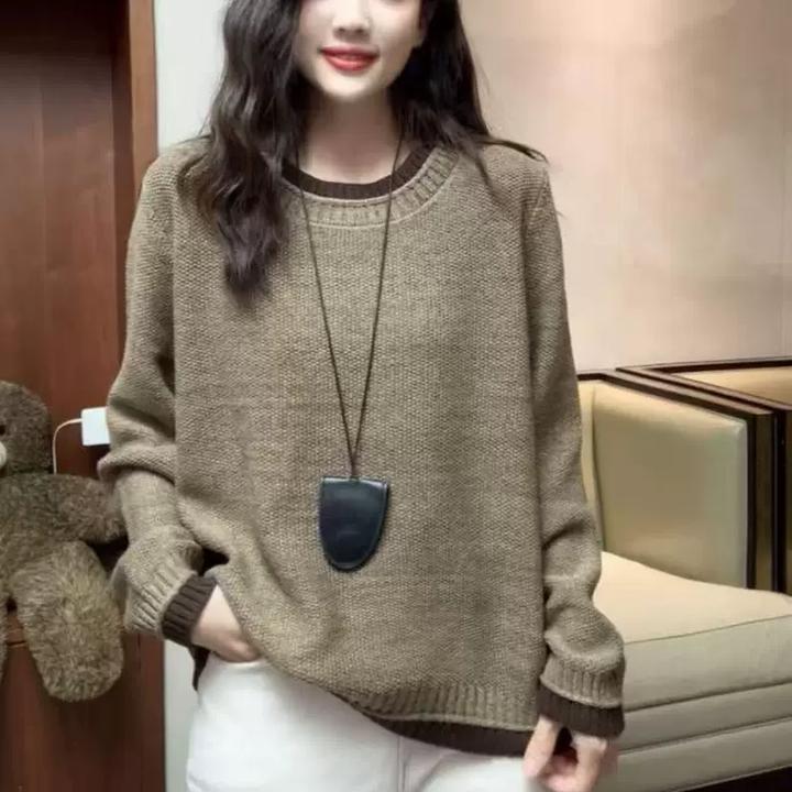 双色圆领针织打底衫女宽松大码女装秋冬新款韩版复古风毛衣女上衣