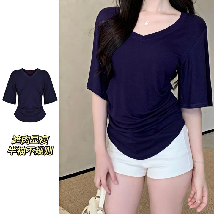 运补6-8 半袖V领掐腰短袖T恤女大码胖mm夏季巨遮肉显瘦百搭上衣女