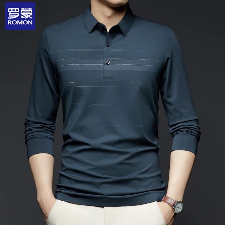 罗蒙条纹百搭中年男士polo衫春秋季中年商务长袖休闲翻领宽松T恤