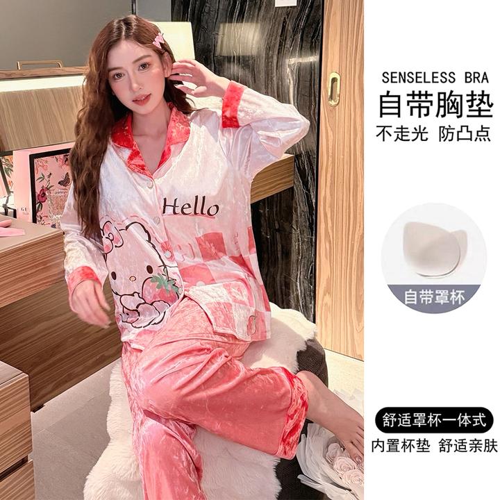 带胸垫2025年新款金丝绒睡衣女春秋季长袖可爱卡通秋冬家居服套装