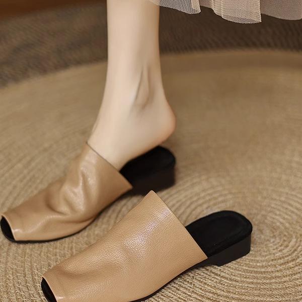 法式复古包头半拖鞋女外穿2025新款夏季一脚蹬皮粗跟穆勒凉拖鞋