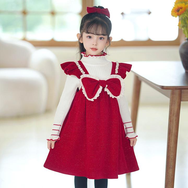 女童连衣裙秋冬新款红色针织毛衣裙新年洋气公主裙子宝宝服装长袖