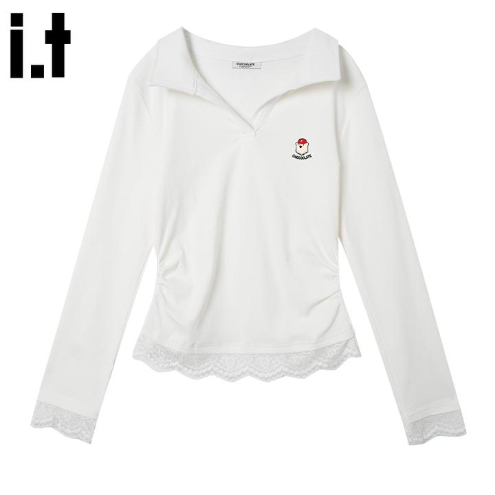 it:CHOCOOLATE蕾丝边设计感打底衫女上衣秋polo领正肩收腰长袖T恤