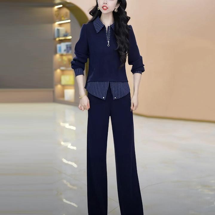 宝莱绒气质显瘦阔腿裤套装女2025秋季新款长袖时尚蓝色减龄两件套