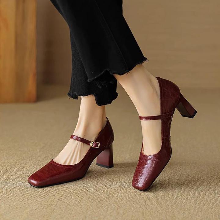 羊皮版~法式复古方头粗跟玛丽珍鞋女红色一字扣带高跟鞋浅口单鞋