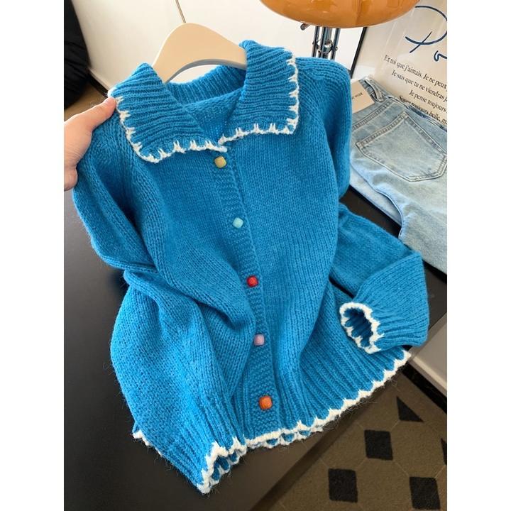 蓝色翻领长袖针织毛衣开衫外套女2025新款设计感小众早秋chic上衣