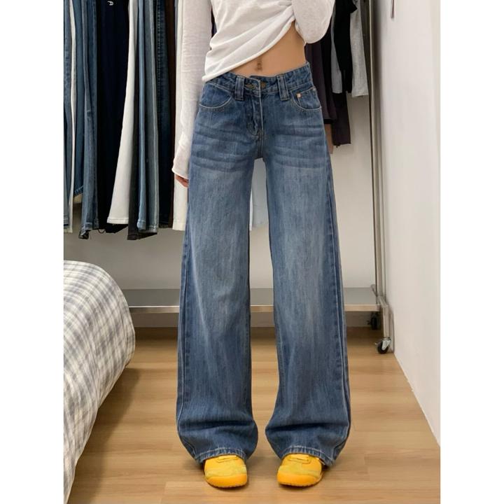 美式复古街头风水洗显瘦牛仔裤女辣妹低腰设计感休闲拖地直筒长裤