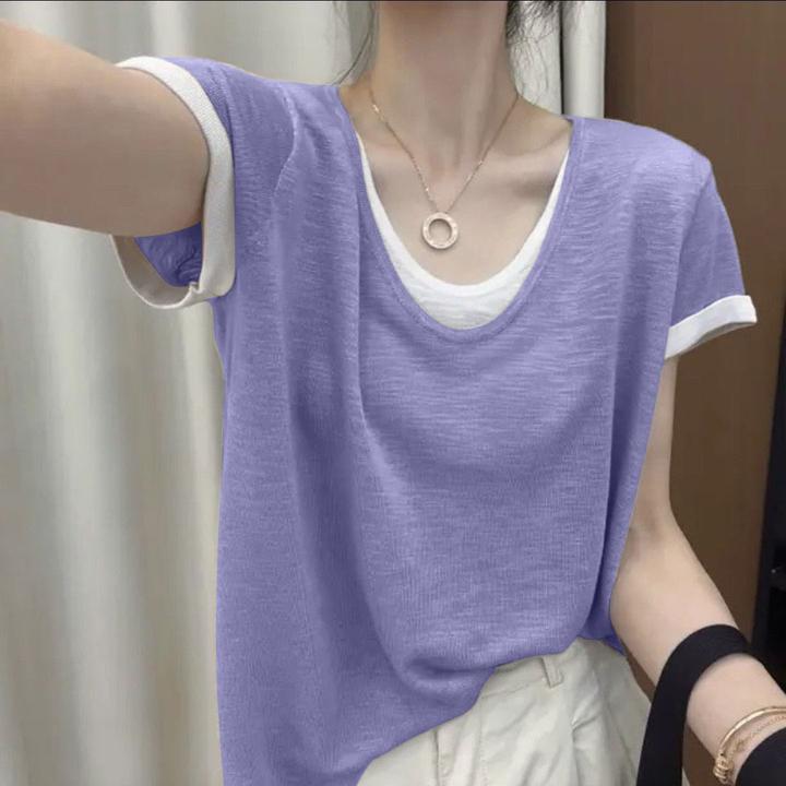 冰感透气棉T夏季薄款假两件v领T恤宽松上衣显瘦百搭洋气衣服女