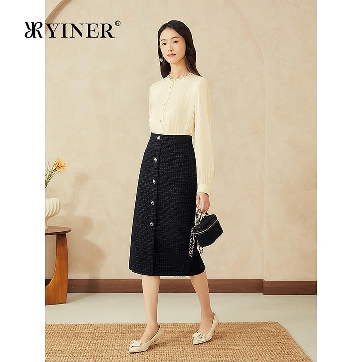 YINER音儿专选2025春季新款法式小香风闪丝高腰直筒廓形半身裙