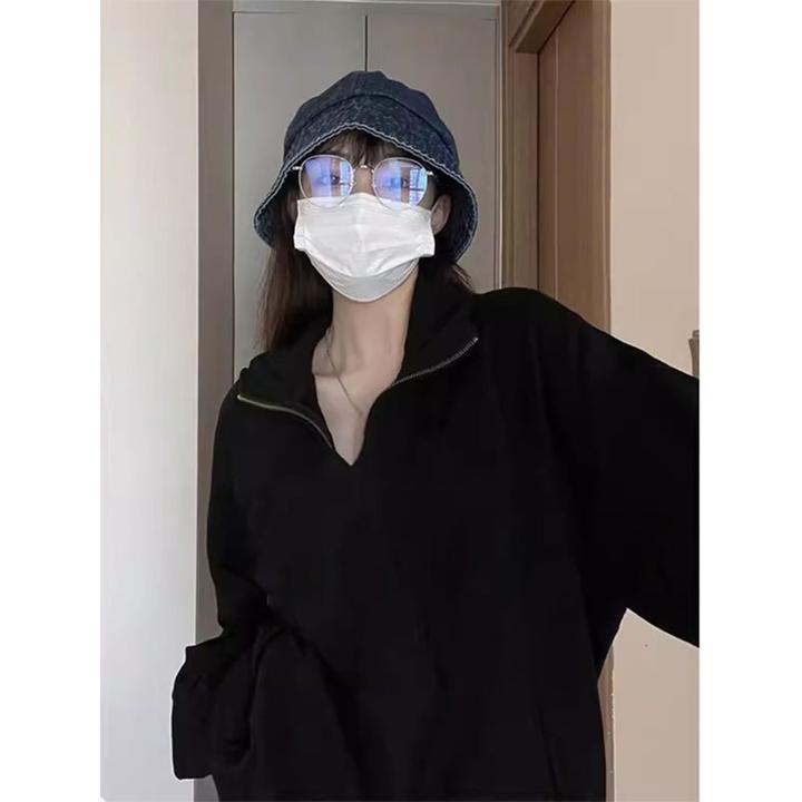 国潮牌美式复古半拉链Polo领卫衣外套女慵懒宽松加绒加厚长袖上衣