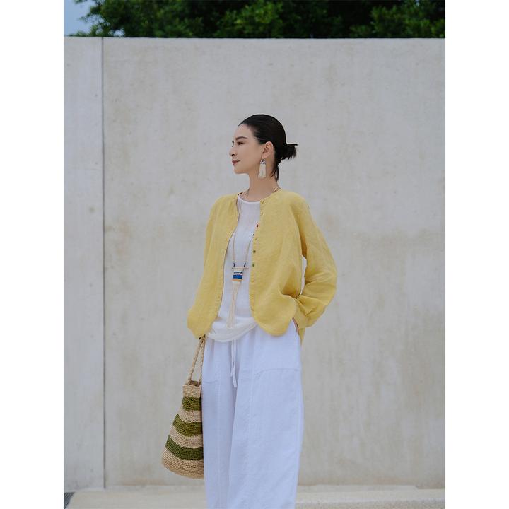 麻霖21支汉麻亚麻双色色织洗水圆领长袖休闲文艺小外套