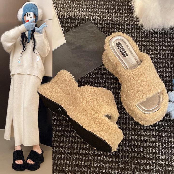 韩版网红防滑超高跟坡跟拖鞋时尚厚底增高9CM平底一字拖毛绒外穿