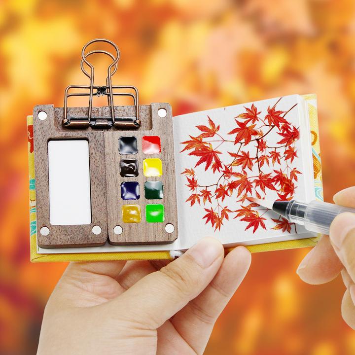 史明克迷你水彩颜料盒24色胡桃木随身便携手账本写生旅行绘画画本