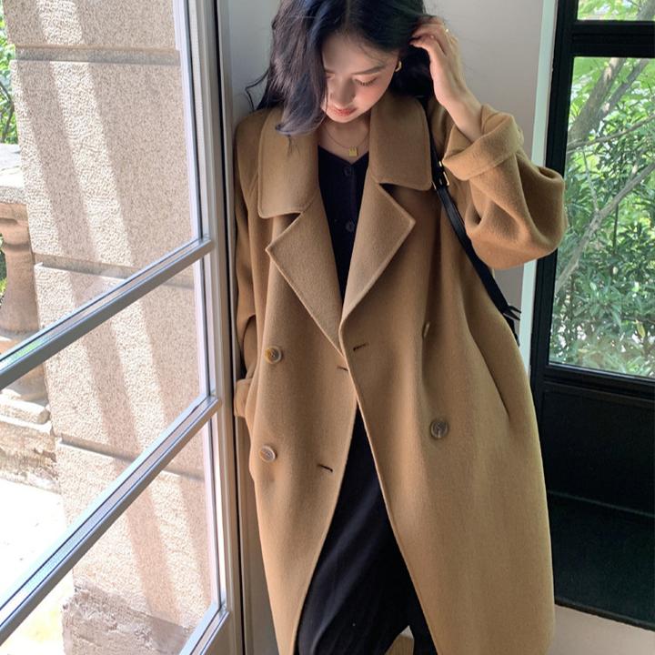 驼秋冬高级感H版气质西装领腰带小个子时尚801长款羊毛大衣女外套