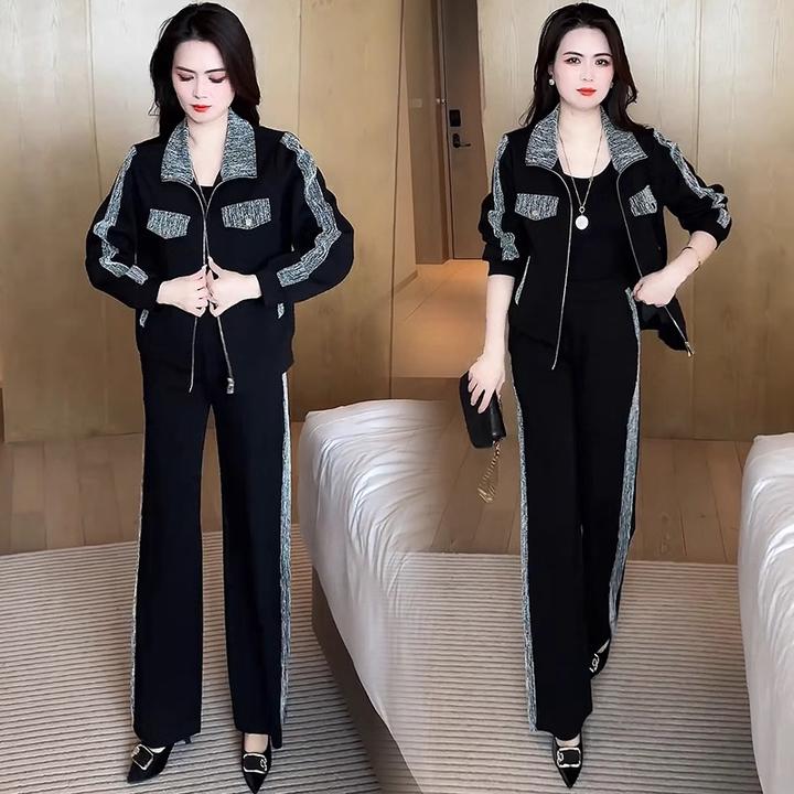 休闲运动套装女2025春季新款洋气质显瘦立领开衫阔腿裤时尚两件套