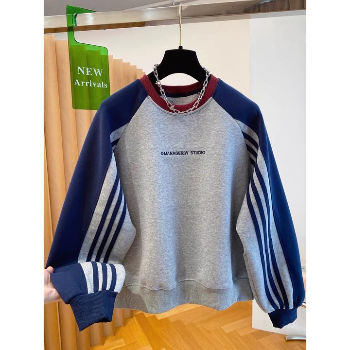 【胖妹妹】2025秋冬刺绣撞色长袖卫衣女宽松百搭气质松弛感休闲上