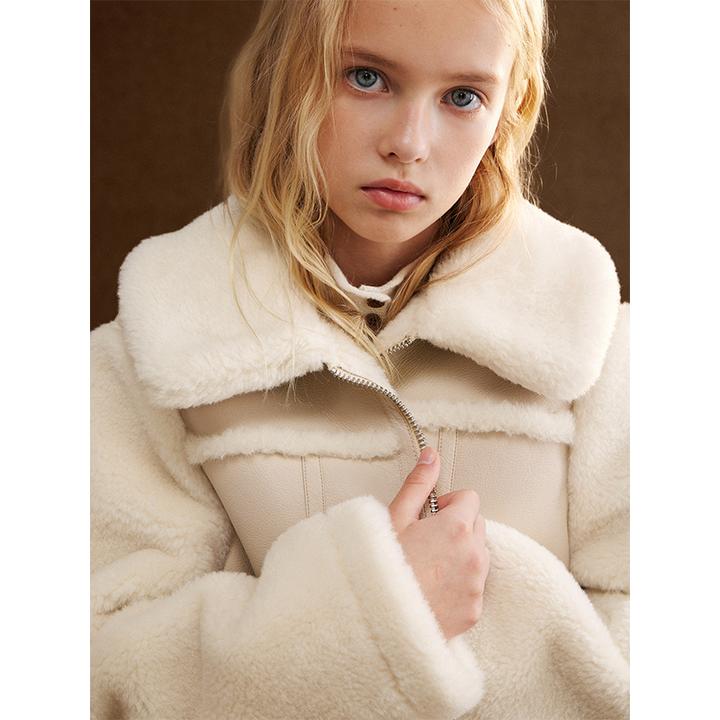 ELLE KIDS童装 毛毛翻领外套女童冬季新款撞色拼接加厚上衣D6