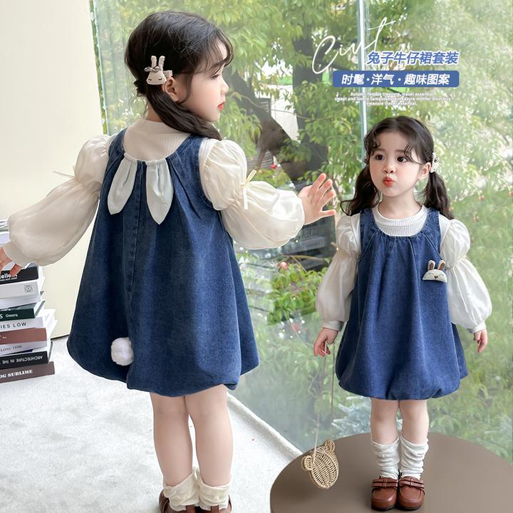 女童牛仔泡泡袖连衣裙套装2025新款春秋装小童女宝宝韩版两件套裙