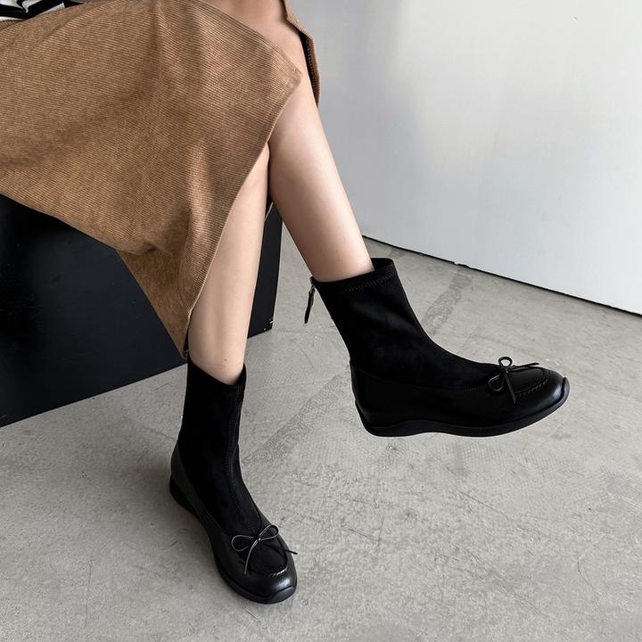 舒适版！复古蝴蝶结粗跟短靴女方头瘦瘦靴黑色单靴气质马丁靴踝靴