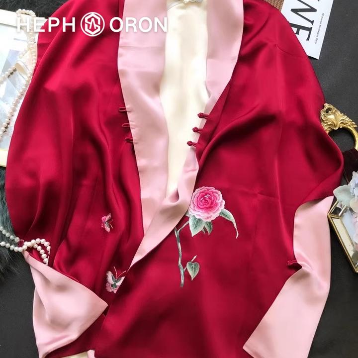 HEPHSORON苏绣丝巾礼盒送妈妈红色刺绣披肩高级感桑蚕丝真丝围巾