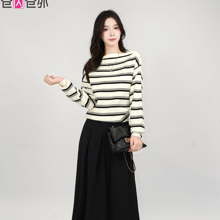 长款条纹打底毛衫宽松型秋季毛针织衫套头长袖针织搭配套装