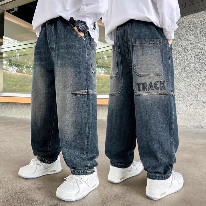 男童秋季牛仔裤子新款中大童秋装男孩春秋款宽松加绒儿童直筒裤潮