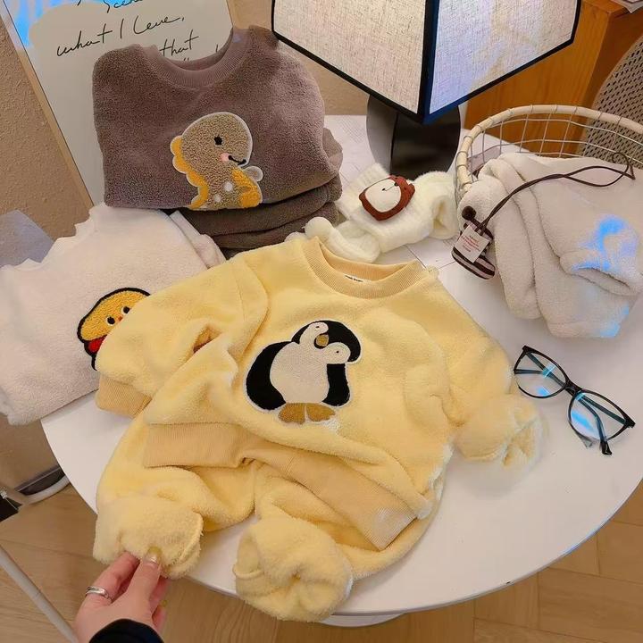 儿童加绒睡衣秋冬季新款云朵绒外穿加厚男童女童保暖家居服套装1