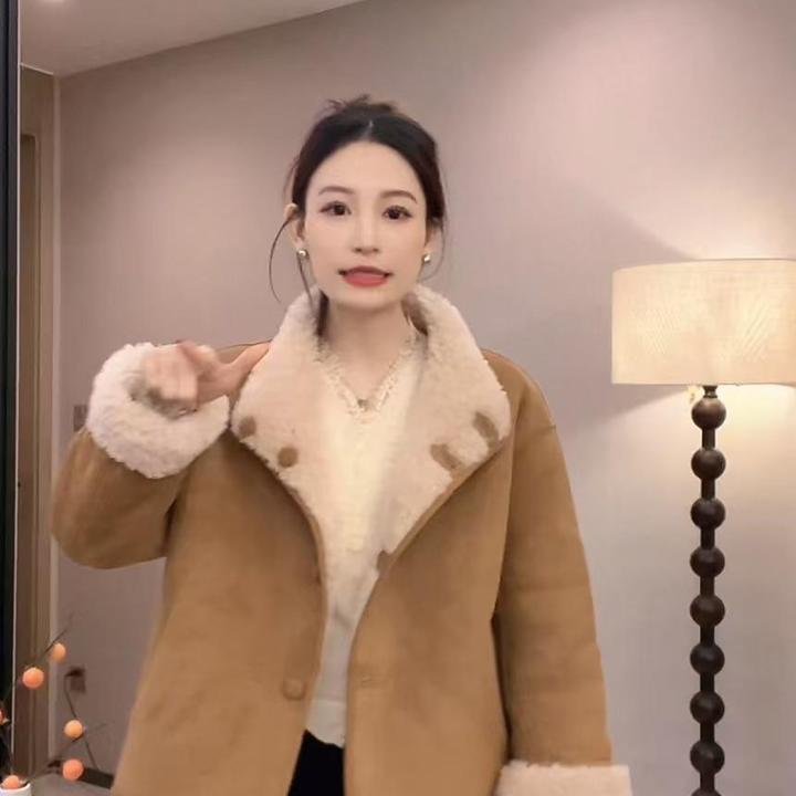 秋冬双面穿年底清仓皮毛一体毛毛短款外套女上衣立领