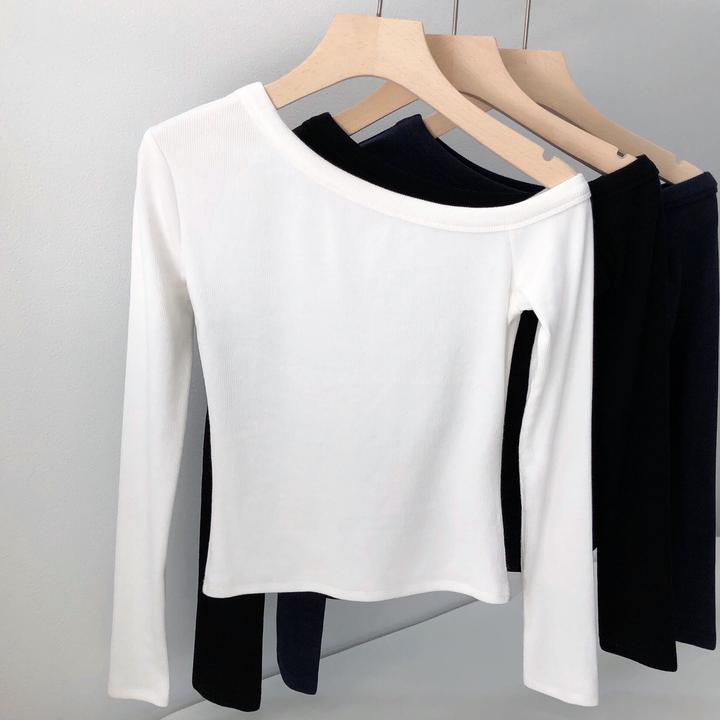 斜肩长袖修身T恤女2025春新款 chic短款露肩上衣紧身打底外穿纯棉