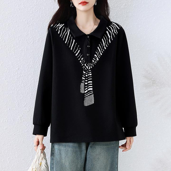 【女神新衣】时尚印花翻领长袖t恤女秋2025新款大码洋气上衣