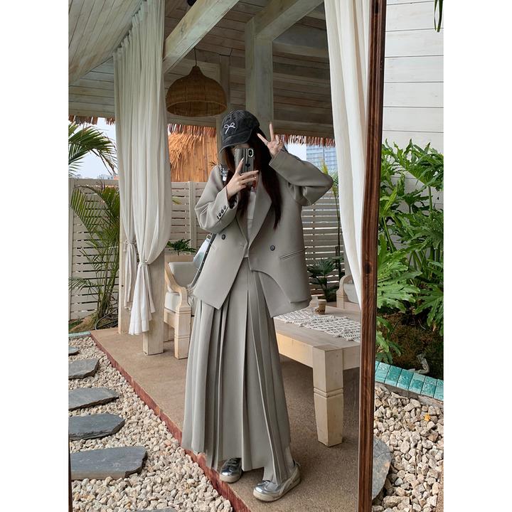 韩系高级感西装套装女宽松垂感百搭外套+重工压褶不规则半身长裙