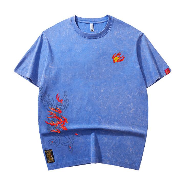 中国风男装国潮凤凰刺绣短袖t恤男重磅纯棉水洗爆款2025新款半袖t