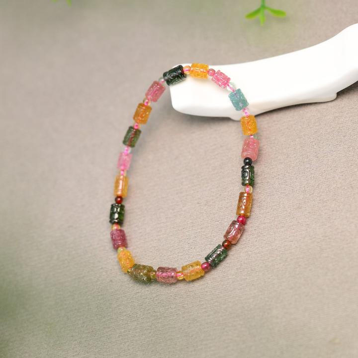 #L022多彩天然碧玺雕花龙纹桶珠手串手链