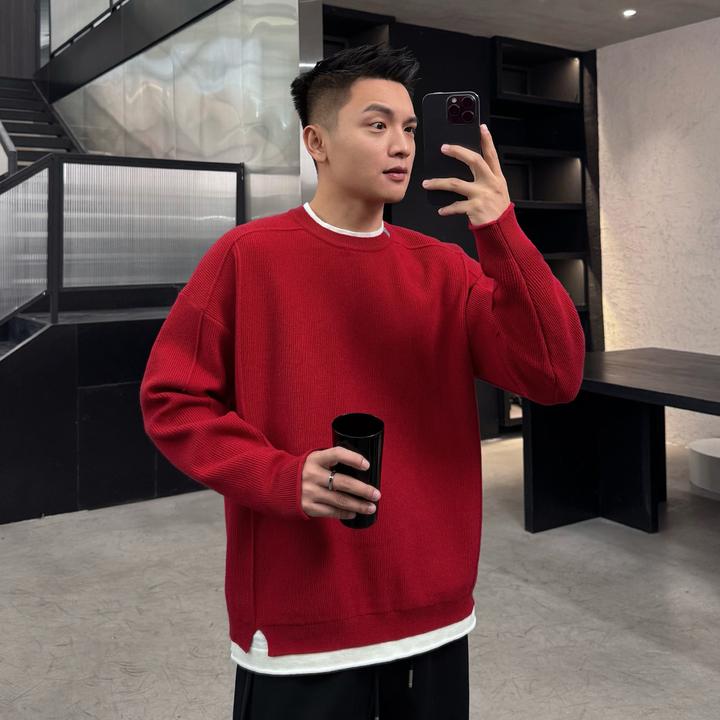 二十二号穿搭【奢华层次感】冬季撞色假两件拼接圆领保暖针织衫毛衣