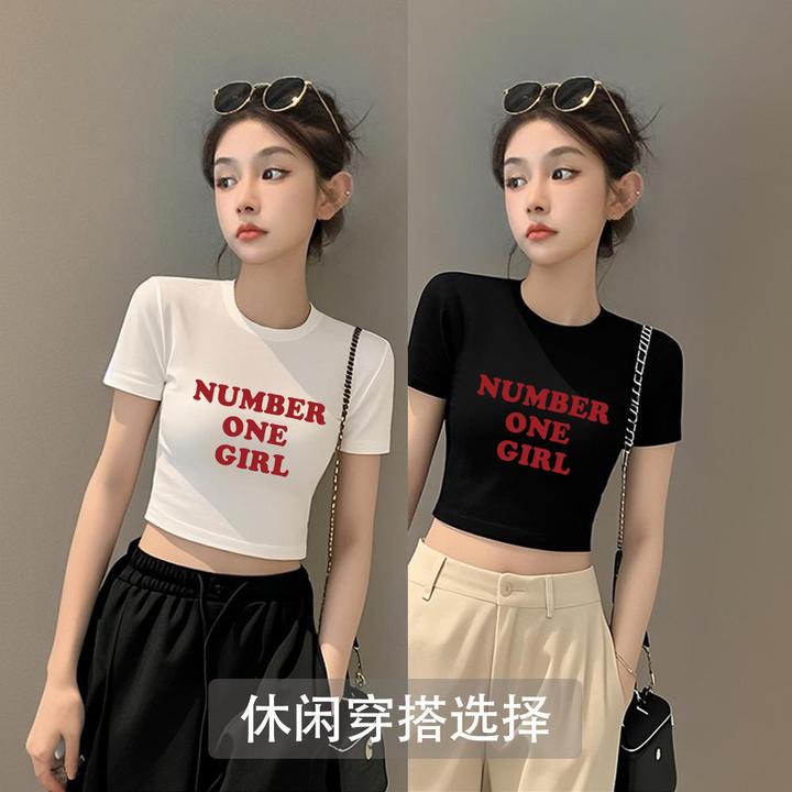 黑色休闲百搭短款短袖t恤女夏季修身显瘦ins韩版字母印花小众上衣