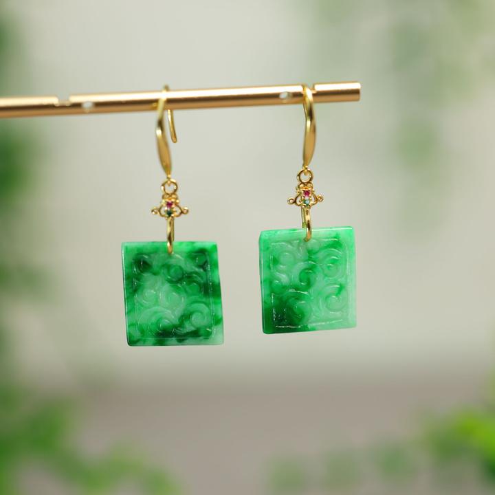 #I967 辣阳绿天然A货翡翠雕花方形耳坠耳环中国古风耳饰