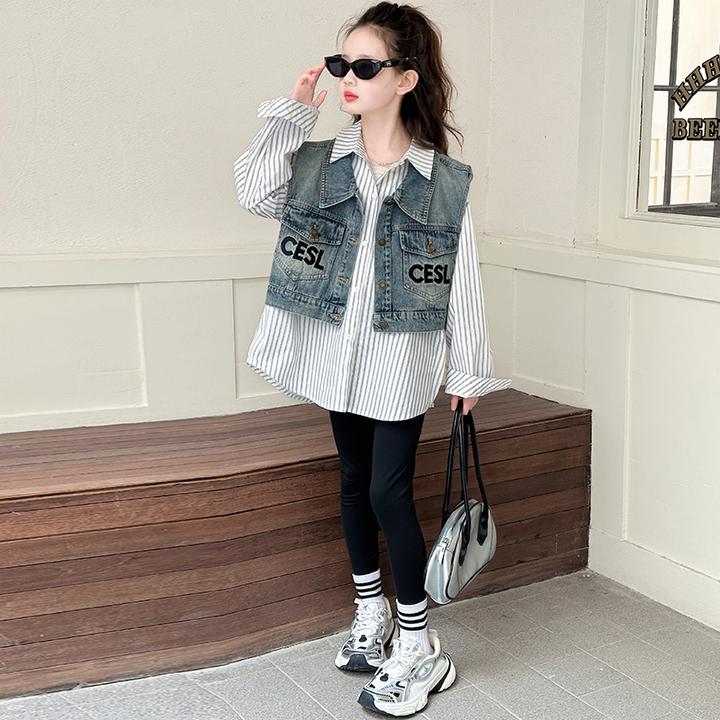 女童马甲衬衫套装2025新款春秋季大童牛仔背心儿童春季上衣两件套