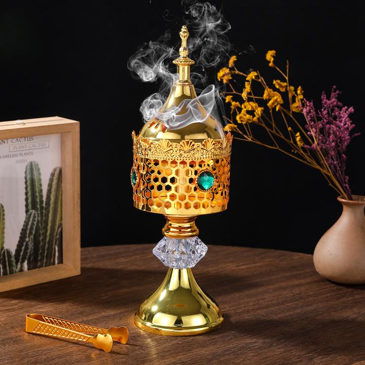 【全国包邮】金色孔雀蓝钻镂空铁艺碳火香薰炉室内摆件聚会烛台香印