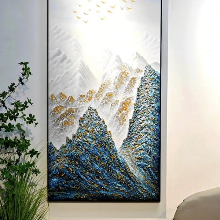 SANYI（孔雀蓝金山）纯手绘油画入户玄关装饰画竖版现代轻奢挂画