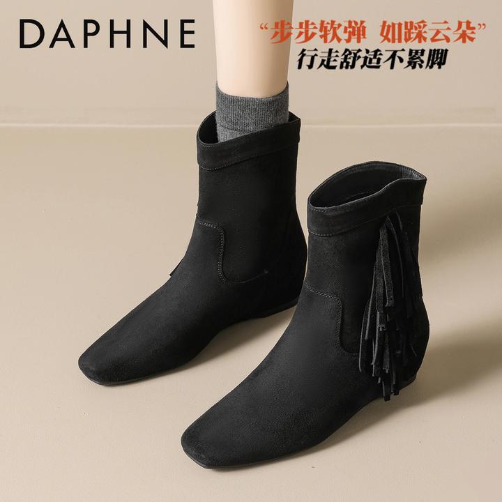 达芙妮流苏勃肯小短靴女2025新款秋季绒面瘦瘦裸靴软底西部牛仔靴