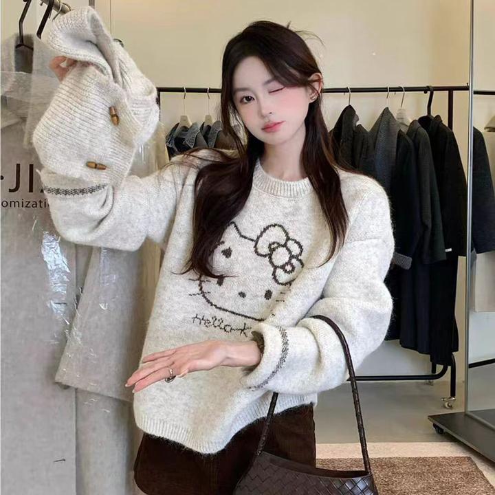 韩系卡通可爱套头上衣针织衫女秋冬新款慵懒风保暖内搭毛衣配围巾