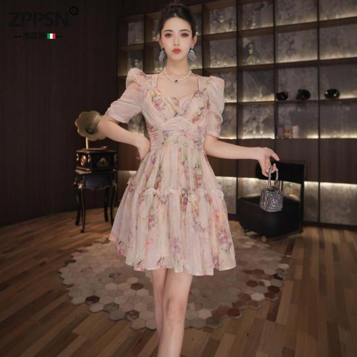 ZPPSN欧洲站方领连衣裙女夏日甜美碎花桔梗法式清纯掐腰显瘦小个